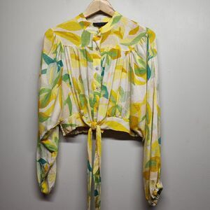Rachel Roy Cropped Blouse Top Women Size M Yellow Green Long Sleeve Relaxed